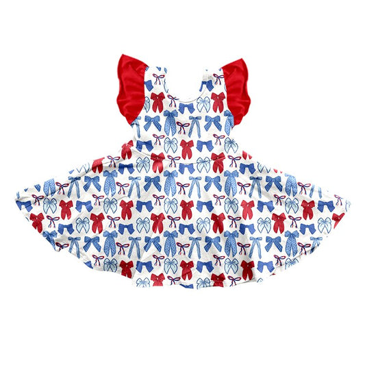 (Pre-order)GSD3515 Red Blue Bows Print Girls 4th of July Knee Length Dress