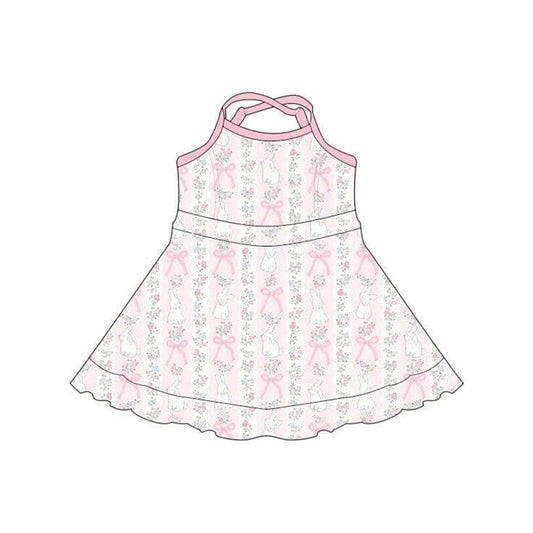 (Pre-order)GSD3517  Bunny Small Flowers Bows Print Ruffle Girls Easter Knee Length Yoga Dress