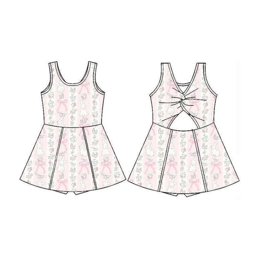 (Pre-order)GSD3518  Bunny Small Flowers Bows Print Backless Girls Easter Knee Length Yoga Dress