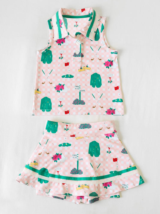 (Pre-order)GSD3520 Golf Pink Plaid Top Shorts Skirts Girls Summer Yoga Clothes Set