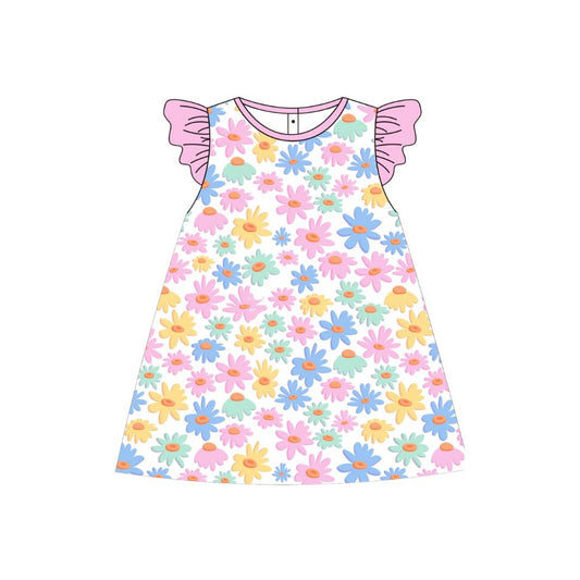 (Pre-order)GSD3521 Colorful Flowers Print Girls Summer Knee Length Dress