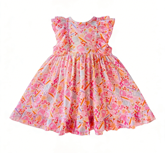 (Pre-order)GSD3529 Pen Flowers Bows Print Girls Back to School Knee Length Dress