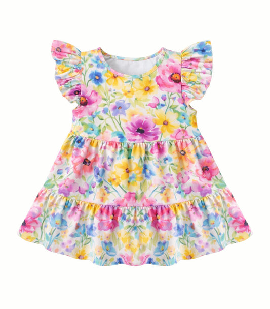 (Pre-order)GSD3532 Colorful Flowers Print Girls Summer Knee Length Dress