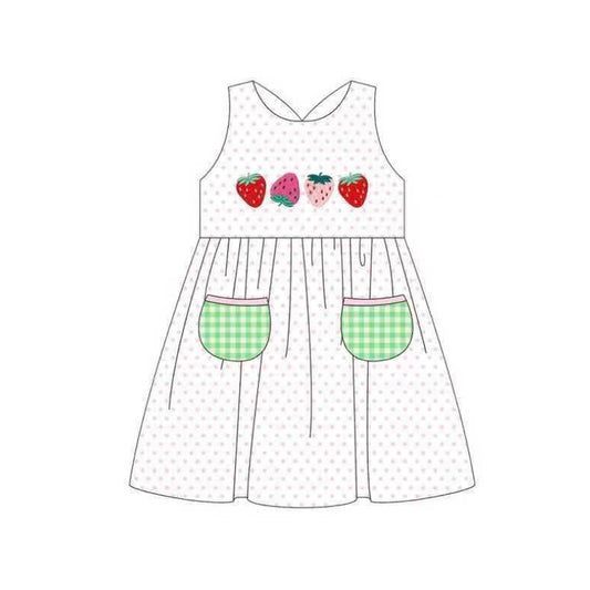 (Pre-order)GSD3535 Strawberry Dots Print Pockets Girls Summer Knee Length Dress