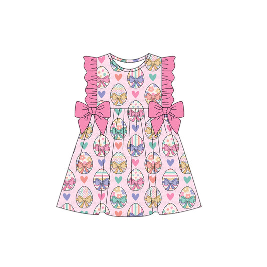 (Pre-order)GSD3537 Colorful Flowers Eggs Bows Print Girls Easter Knee Length Dress