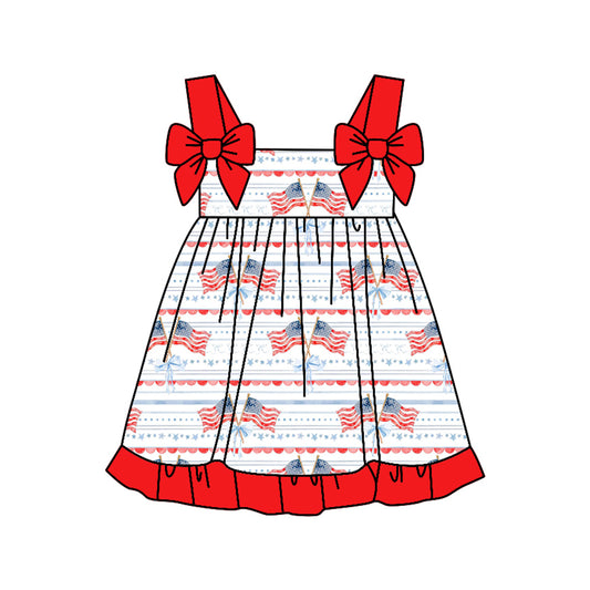 (Pre-order)GSD3538 Flag Bows Stars Print Girls 4th of July Knee Length Dress