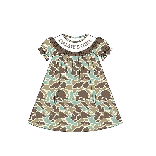 (Pre-order)GSD3542 DADDY'S GIRL Blue Brown Camo Print Girls Summer Knee Length Dress