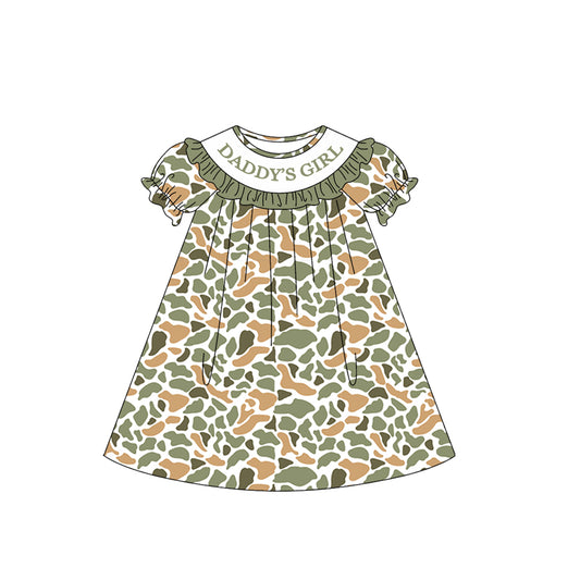 (Pre-order)GSD3545 DADDY'S GIRL Orange Green Camo Print Girls Summer Knee Length Dress