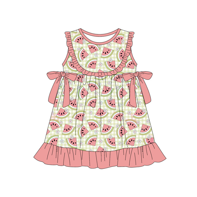 (Pre-order)GSD3547 Watermelon Flowers Print Girls Summer Knee Length Dress