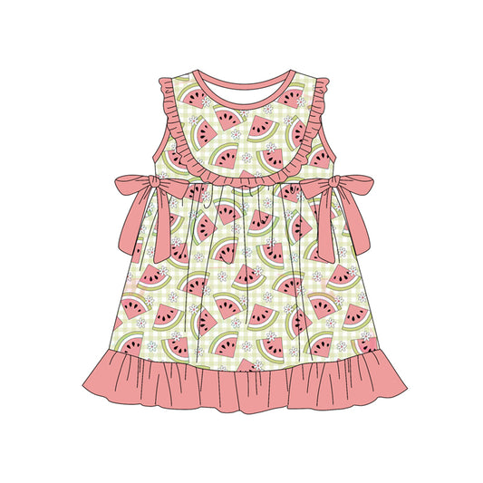 (Pre-order)GSD3547 Watermelon Flowers Print Girls Summer Knee Length Dress