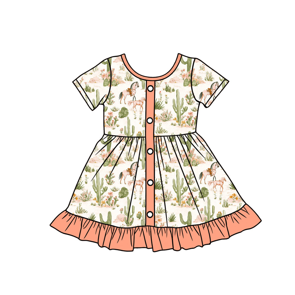 (Pre-order)GSD3549 Horse Cactus Print Girls Summer Knee Length Dress