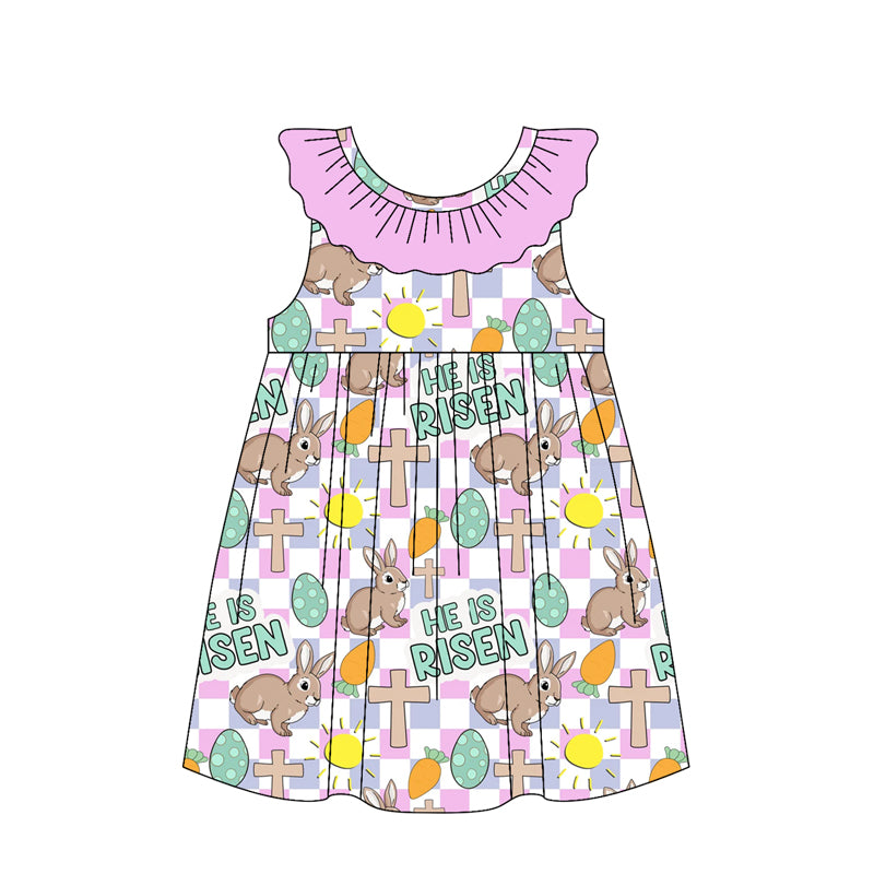 (Pre-order)GSD3550 Bunny Eggs Cross Plaid Print Girls Easter Knee Length Dress