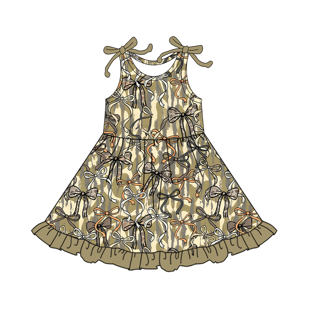 (Pre-order)GSD3552 Camo Bows Print Girls Summer Knee Length Dress