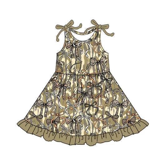 (Pre-order)GSD3552 Camo Bows Print Girls Summer Knee Length Dress