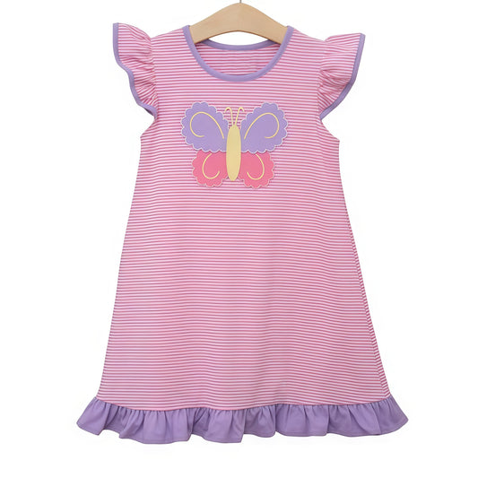 (Pre-order)GSD3558 Butterfly Stripes Print Girls Summer Knee Length Dress