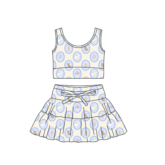 (Pre-order)GSD3562 Bunny Flowers Top Shorts Skirts Girls Easter Yoga Clothes Set