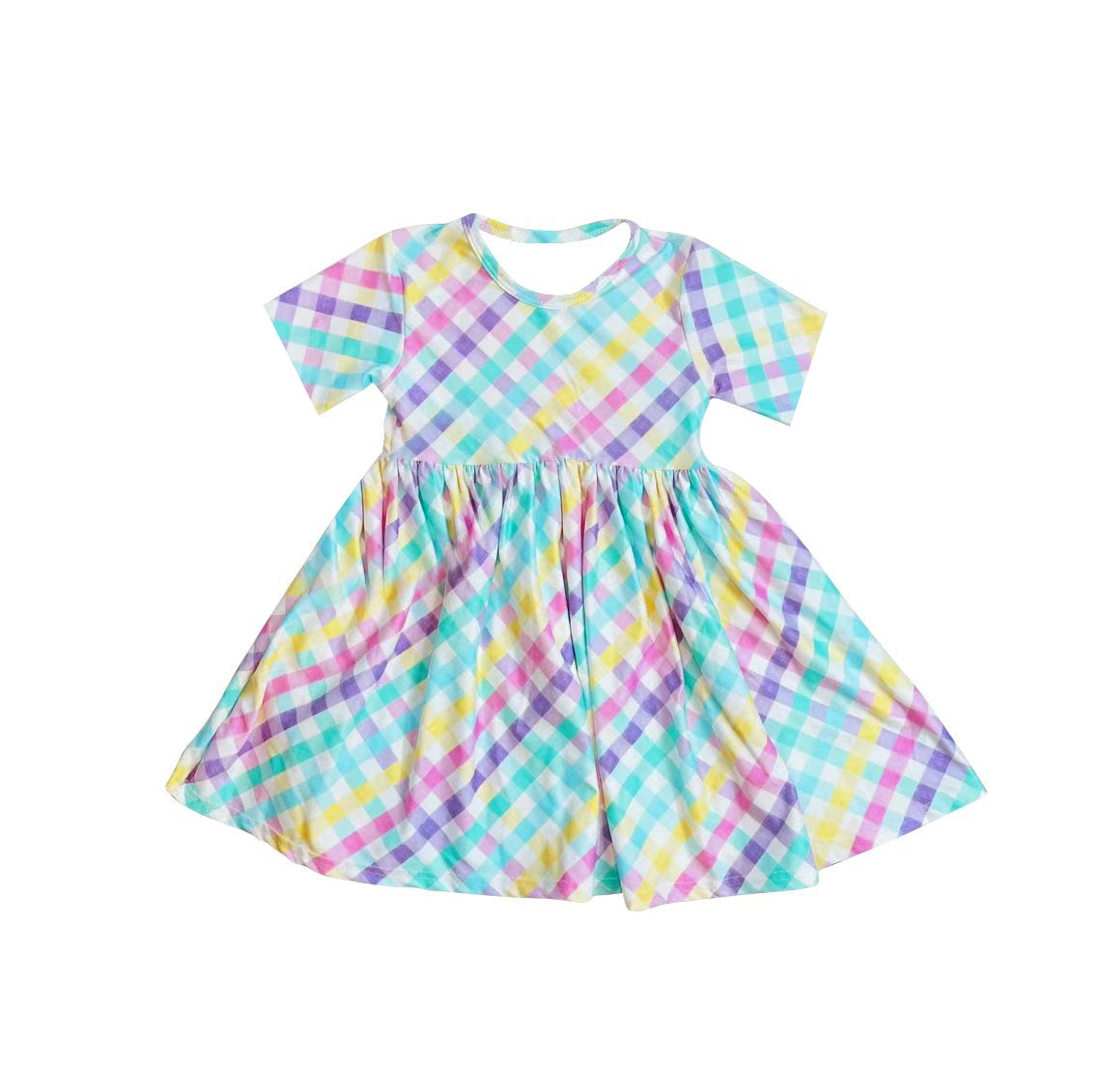 (Pre-order)GSD3567 Colorful Plaid Print Girls Easter Knee Length Dress
