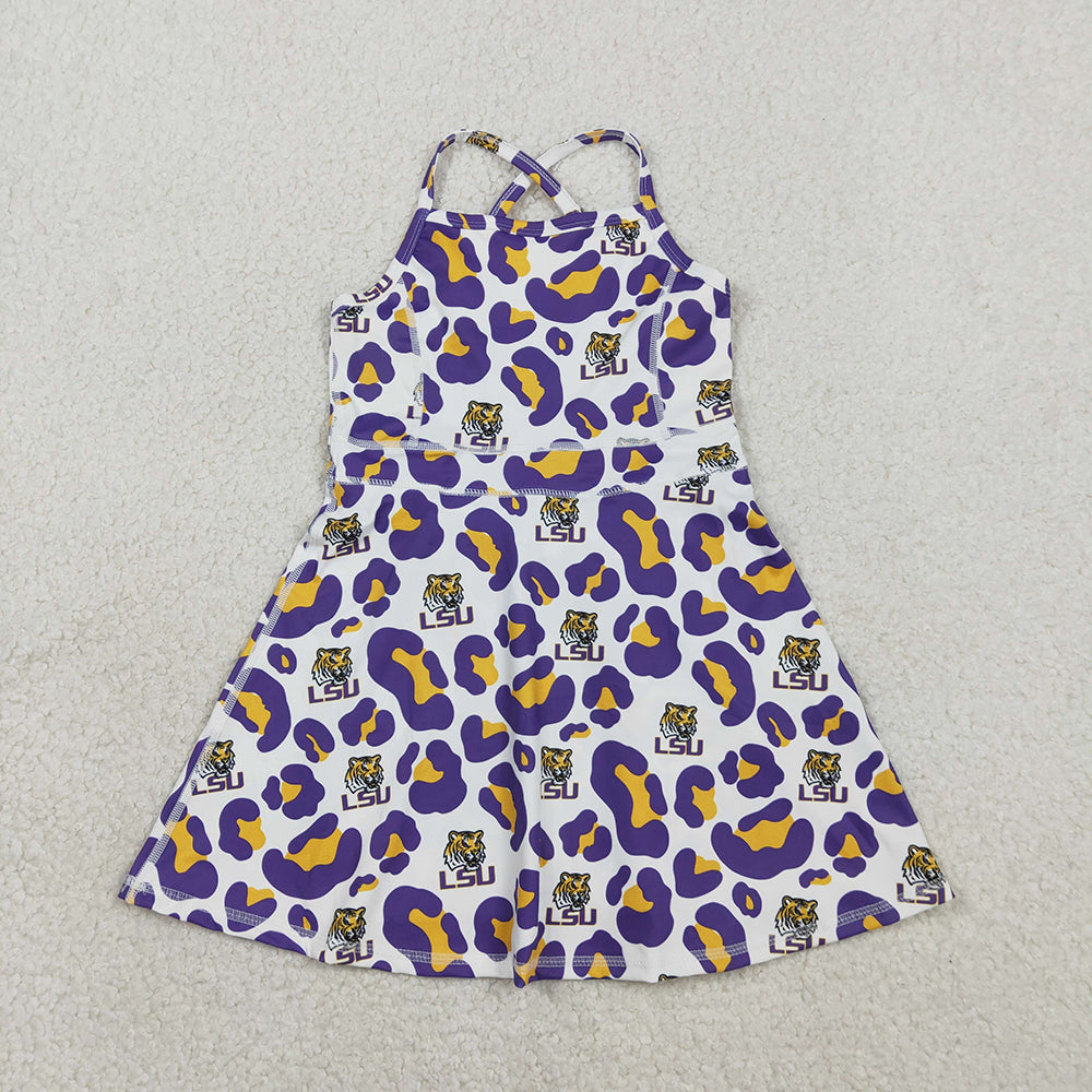 GSD3639 Team's LSU Tigers Leopard Print Girls Summer Knee Length Yoga Dress