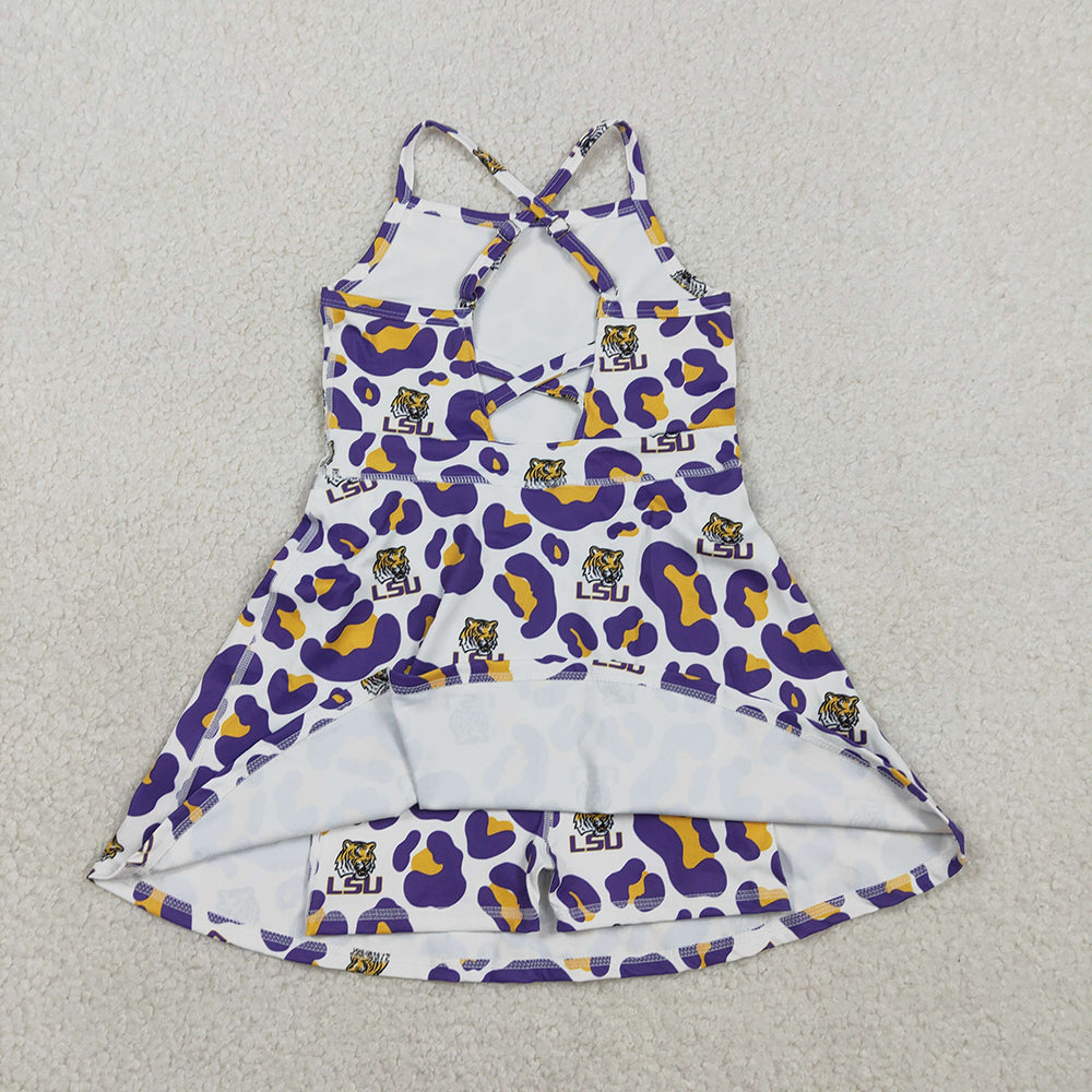 GSD3639 Team's LSU Tigers Leopard Print Girls Summer Knee Length Yoga Dress