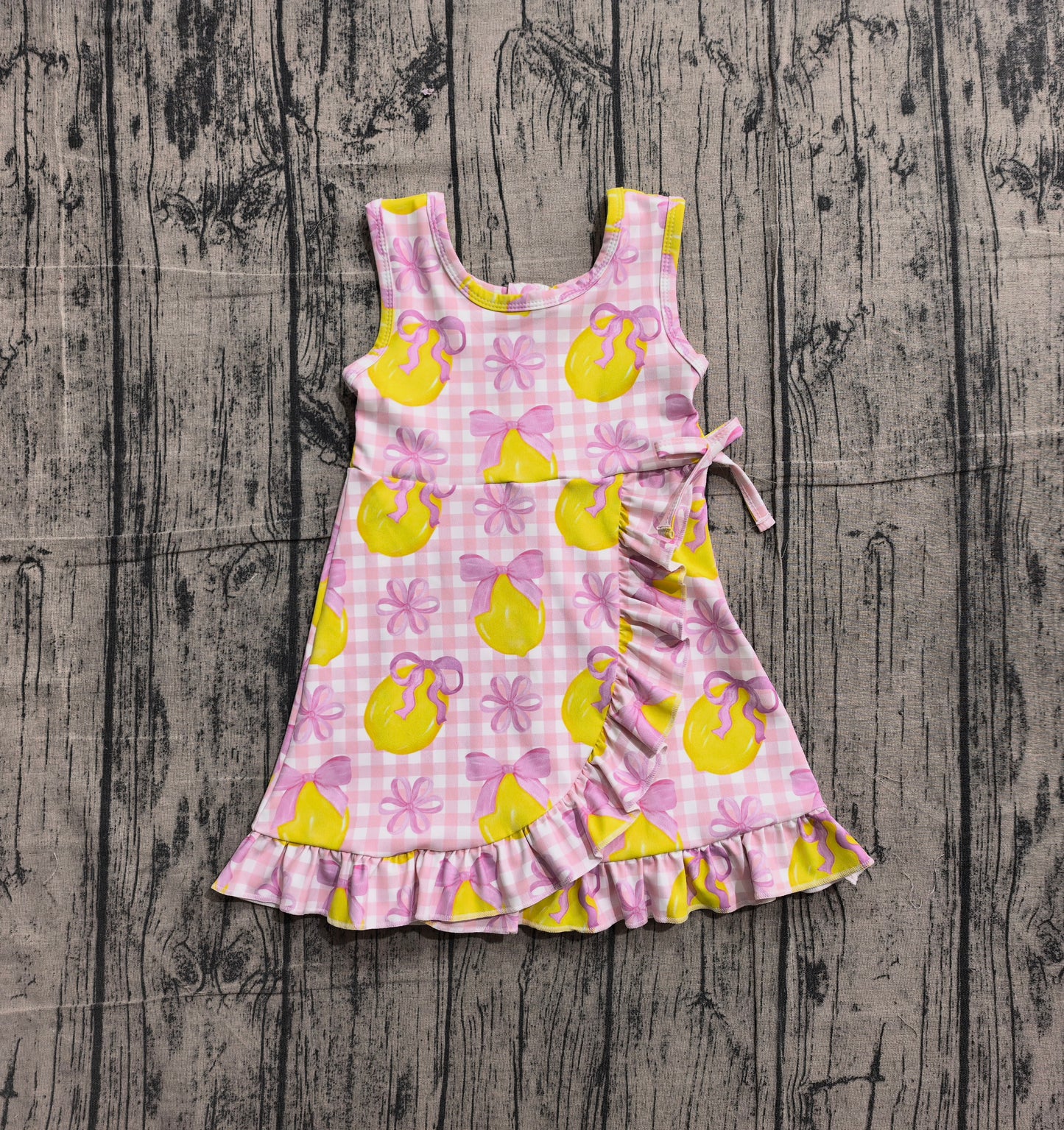 (Pre-order)GSD3683  Lemon Bows Pink Plaid Print Girls Summer Knee Length Yoga Dress