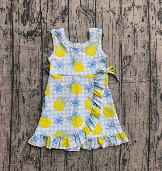 (Pre-order)GSD3684  Lemon Bows Blue Plaid Print Girls Summer Knee Length Yoga Dress