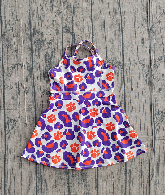 (Pre-order)GSD3687 Team's Clemson Tigers Paw Lpard Print Girls Summer Knee Length Yoga Dress