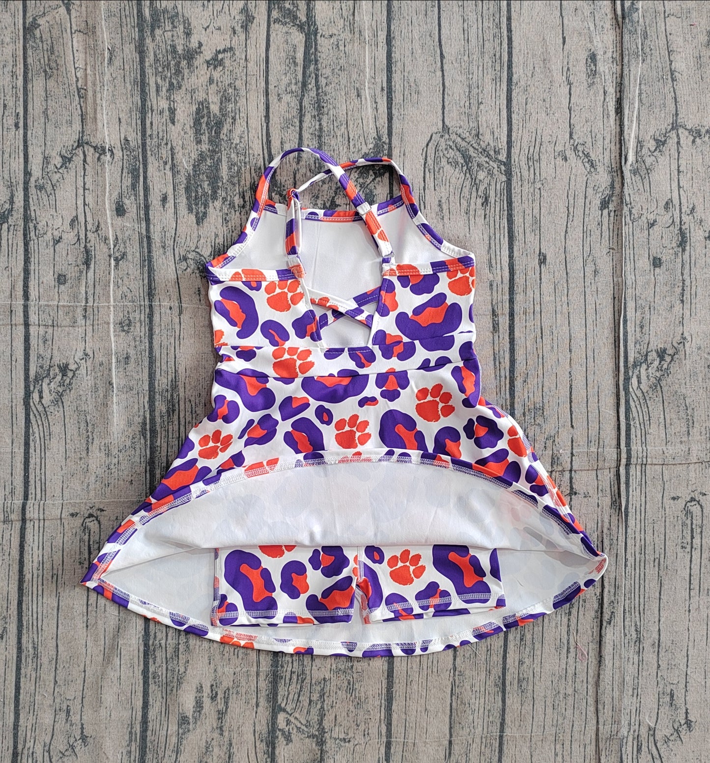 (Pre-order)GSD3687 Team's Clemson Tigers Paw Lpard Print Girls Summer Knee Length Yoga Dress