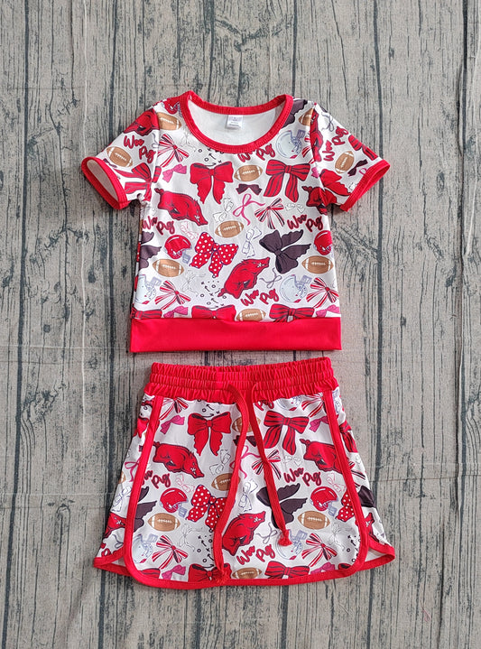 (Pre-order)GSD3696 Football Team's Arkansas Bows Cheer Top Shorts Skirts Girls Summer Yoga Clothes Set