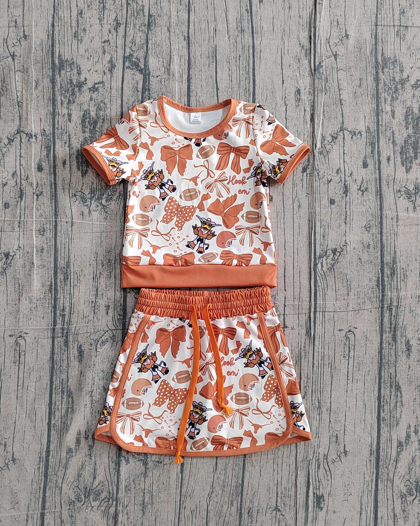 (Pre-order)GSD3697 Football Team's Texas Bows Cheer Top Shorts Skirts Girls Summer Yoga Clothes Set