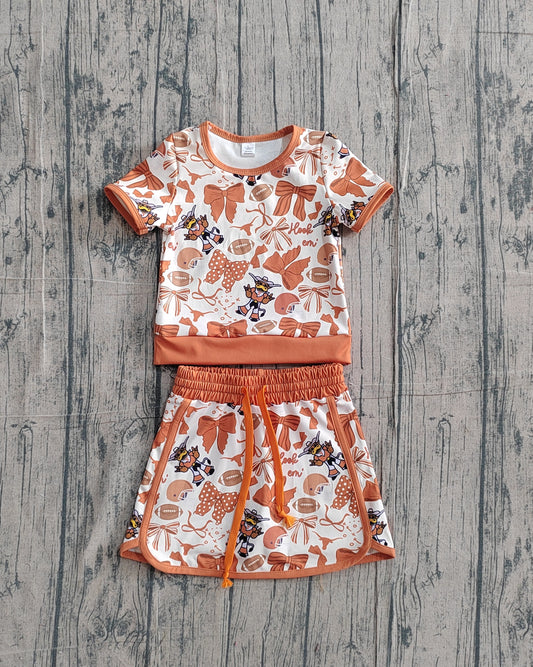 (Pre-order)GSD3697 Football Team's Texas Bows Cheer Top Shorts Skirts Girls Summer Yoga Clothes Set