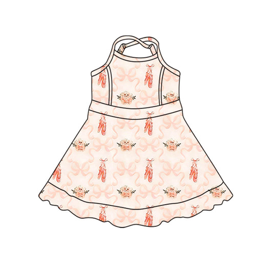 (Pre-order)GSD3720 Shoes Bows Print Girls Summer Knee Length Yoga Dress