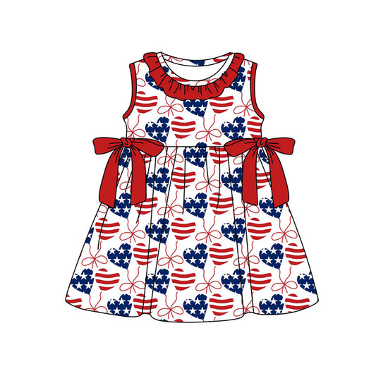 (Pre-order)GSD3722 Hearts Bows Stars Print Girls 4th of July Knee Length Dress