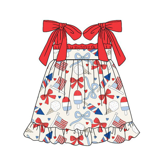 (Pre-order)GSD3723 Flag Bows Print Girls 4th of July Knee Length Dress