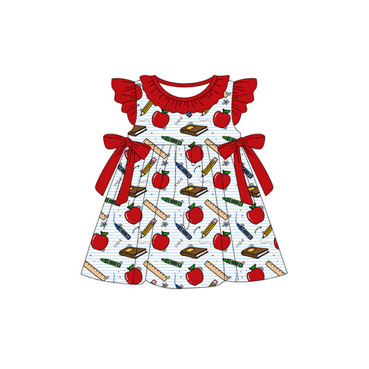 (Pre-order)GSD3725  Pen Apple Stripes Print Girls Back to School Knee Length Dress