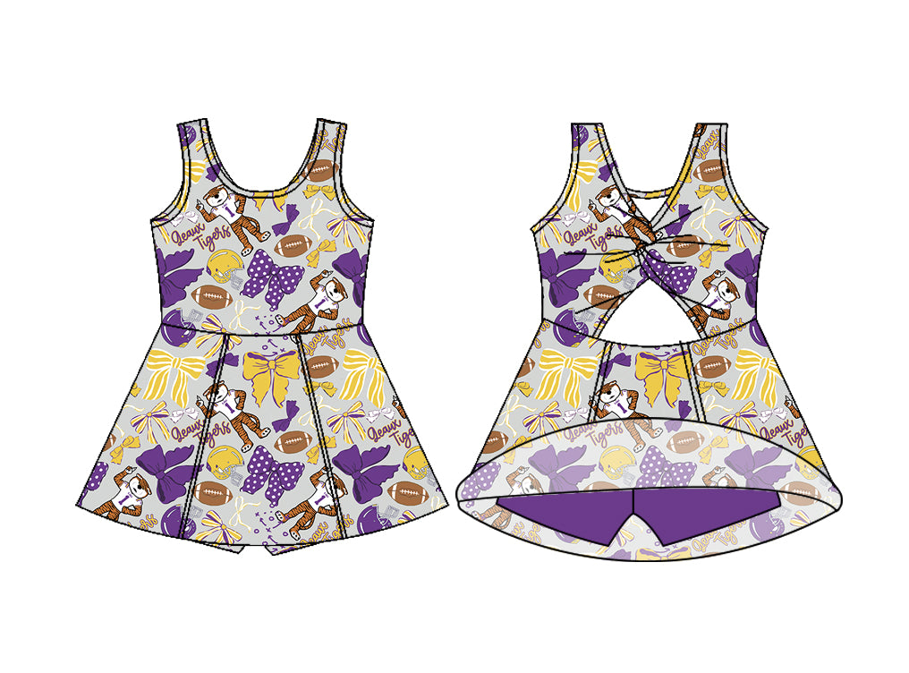 (Pre-order)GSD3801 Team's Bows Purple Print Girls Summer Knee Length Yoga Dress