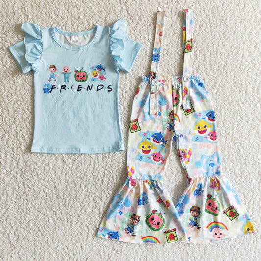 GSPO0040 FRIENDS Cartoon Watermelon Shark Top Suspender Bell Pants Girls Clothes Set