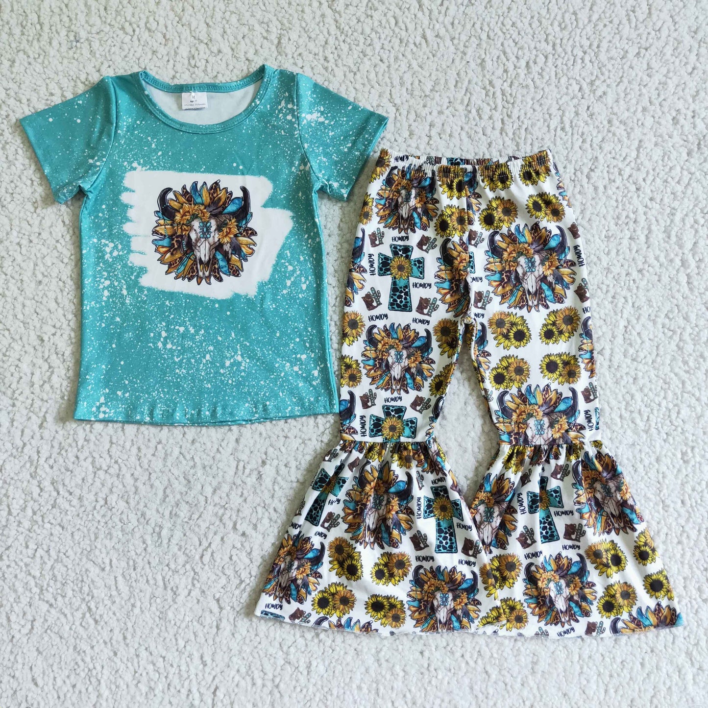 7 Colors Cow Skull Western Print Bell Pants Girls Clothes Set