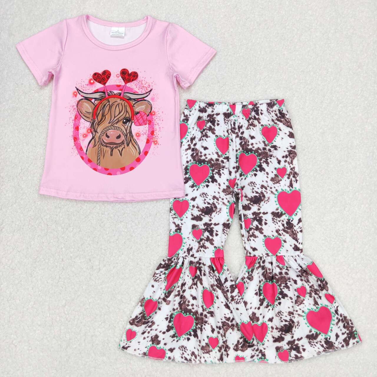 GSPO0416 Girls Highland cow heart print Valentine's Day outfits