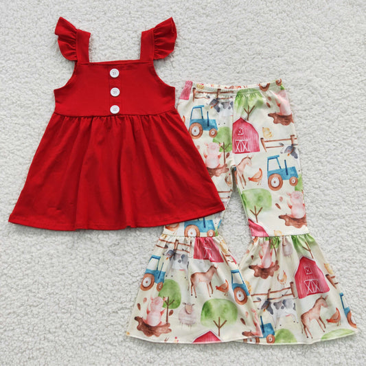 GSPO0587 Girls red top farm print bell bottom pants outfits