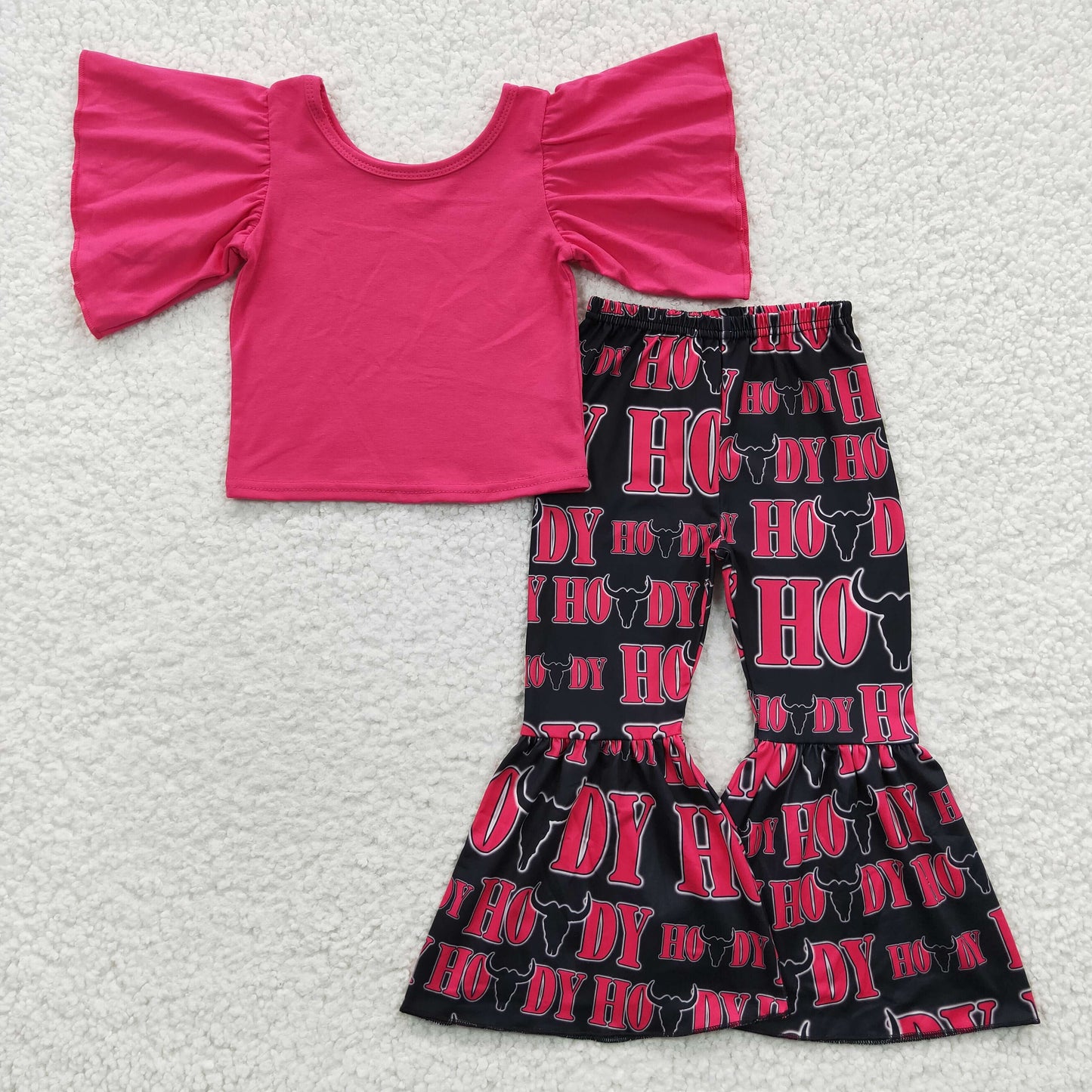 GSPO0610 Girls hot pink top HOODY bell bottom pants outfits