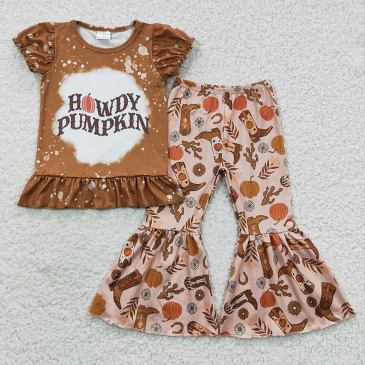 GSPO0611 Girls howdy pumpkin bell bottom pants fall clothing set