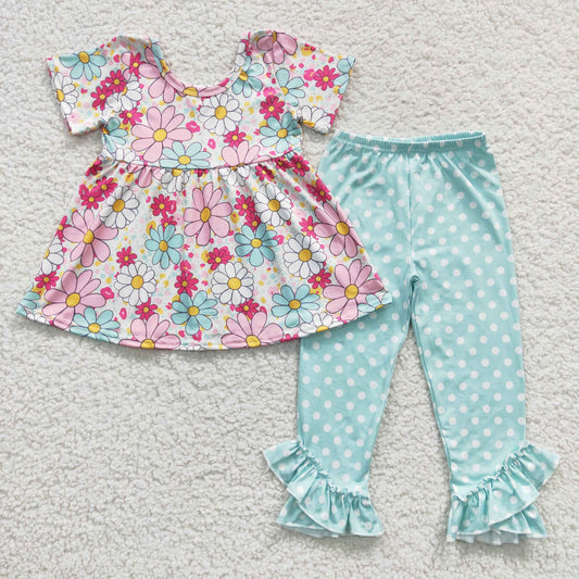 GSPO0618 Baby girls flowers top dots legging pants outfits