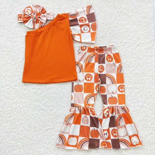 GSPO0620 Orange one shoulder top plaid punpkin bell pants 3 pieces outfits