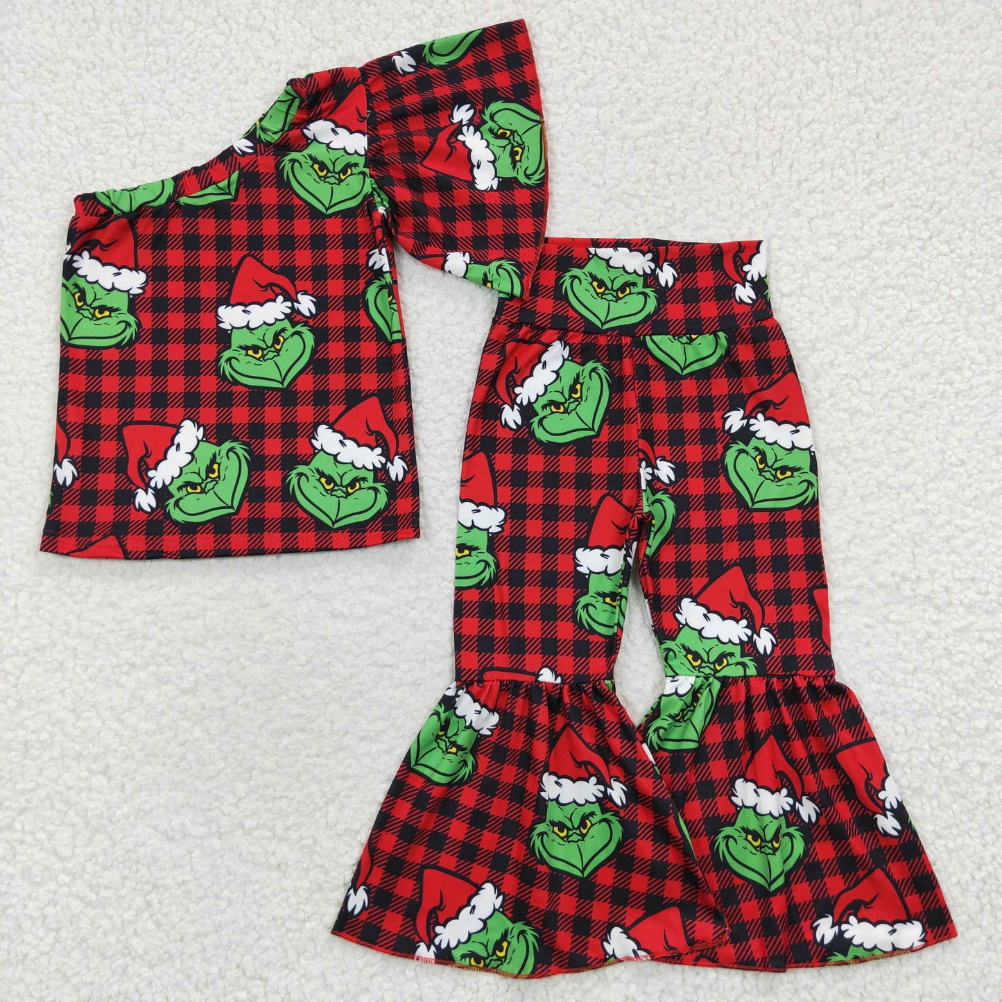 GSPO0654 Girls one shoulder Christmas frog red plaid print bell pants outfits