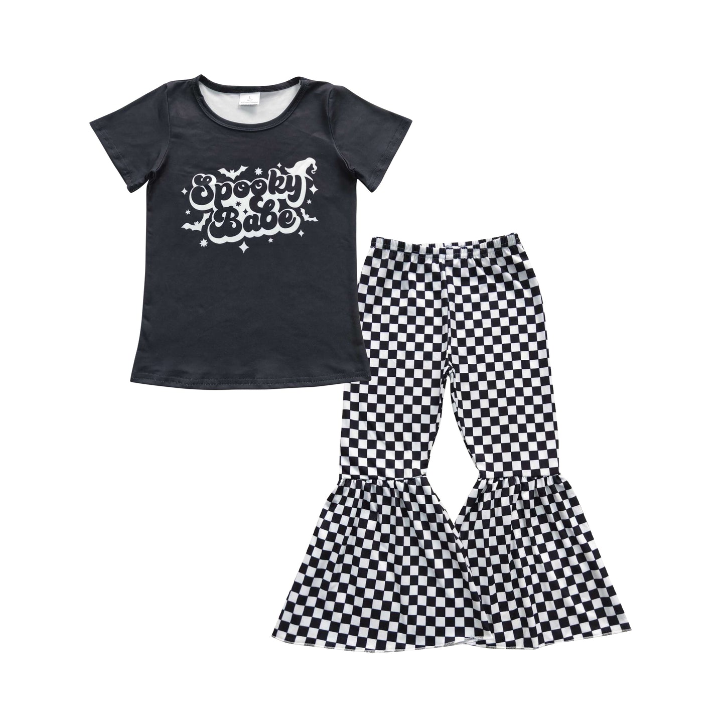 GSPO0659 Spooky babe black top gingham bell bottom pants girls Halloween outfits