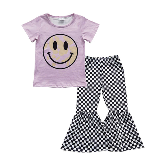 GSPO0660 Pink smiling top black gingham bell bottom pants girls outfits