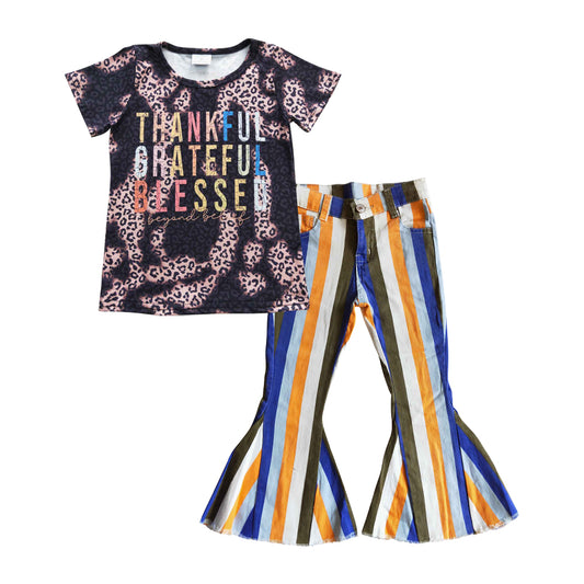 GSPO0662 Thankful grateful blessed black leopard top stripes denim bell  jeans outfits