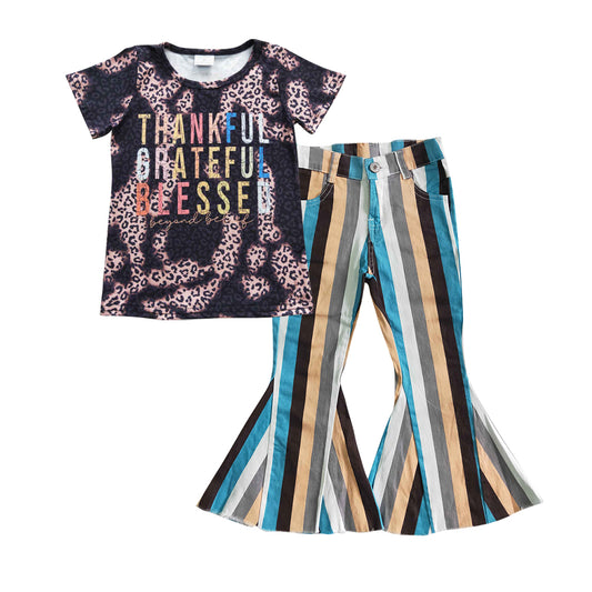 GSPO0663 Thankful grateful blessed black leopard top blue stripes denim bell  jeans outfits