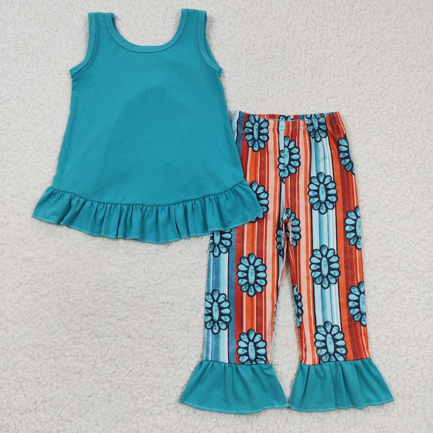 GSPO0665 Green bow backless top turquoise stripe leggings pants girls outfits