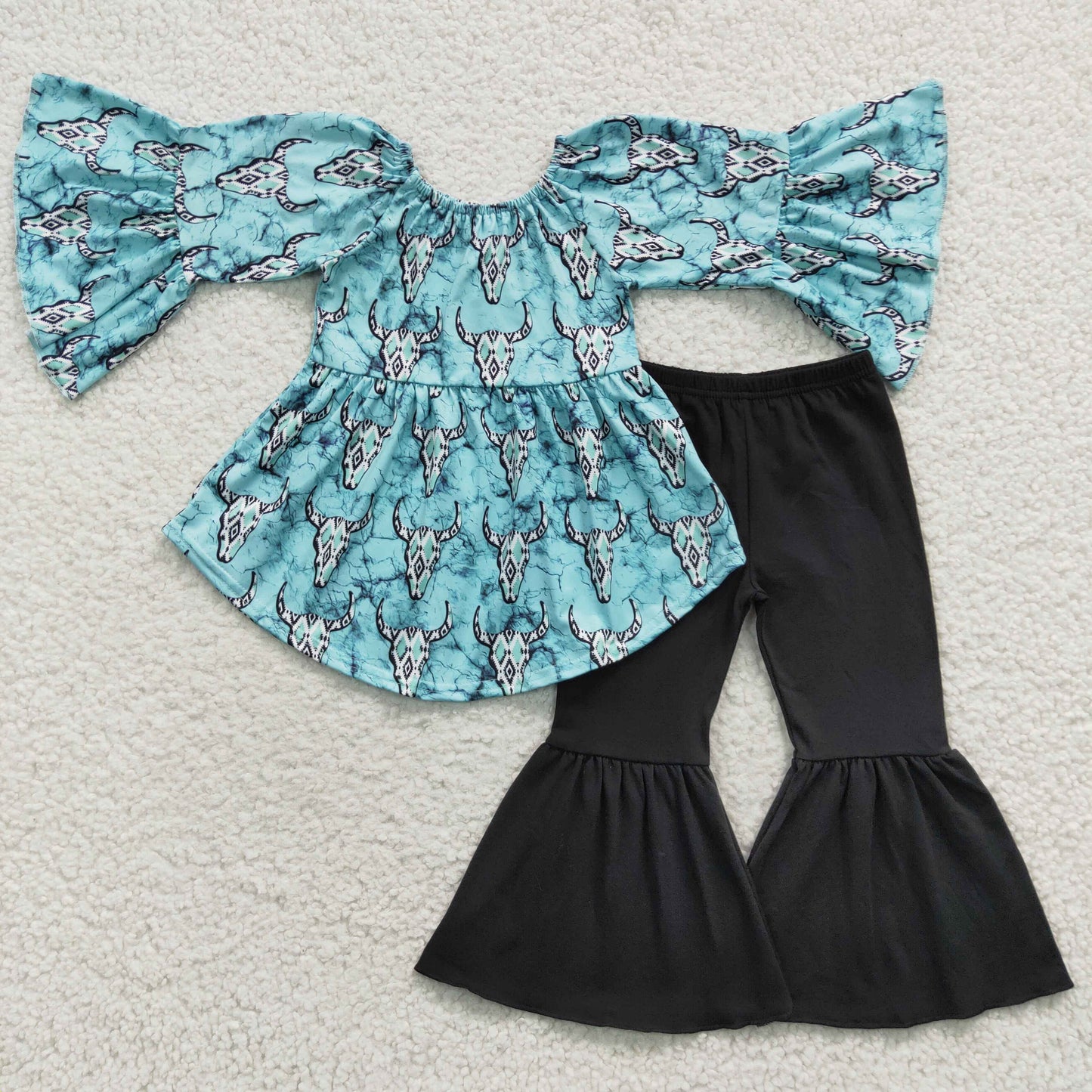 GSPO0666  Turquoise cow skull high low top black bell pants girls outfits